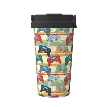 

Qekee Retro With Joysticks Print Insulated Coffee Mug Coffee Tumbler Cup Thermos Mug Water Bottle with Handle & Flip