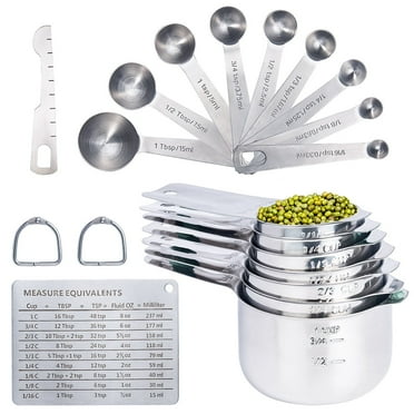Measuring Cups and Spoons Set of 20, 7 Stainless Steel Cups & 9 Spoons, 1   Leveler for Cooking & Baking