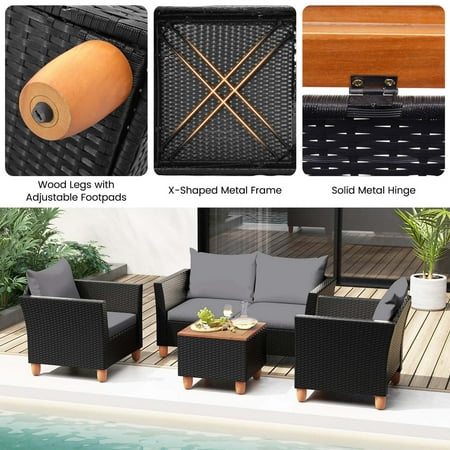 Costway 4 PCS Wicker Patio Furniture Set with Removable Cushions Storage Coffee Table - Gray,Black