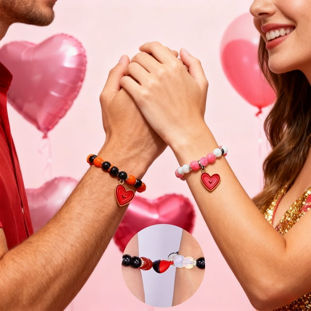 Pulseras de pareja con temática de San Valentín. Linda pulsera magnética ajustable para pareja. Regalo ideal para San Valentín. Pulsera de metal.