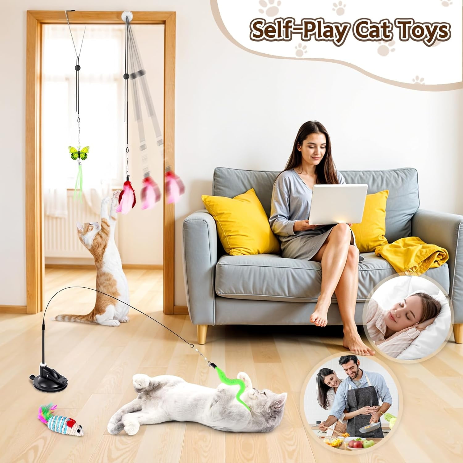 Cat Toys for Indoor Cats, 14Pcs 4 in 1 Cat Interactive Toys, Hanging Door Kitten Wand with Suction Cup Removable Feathers Balls Mice Butterfly Streamers