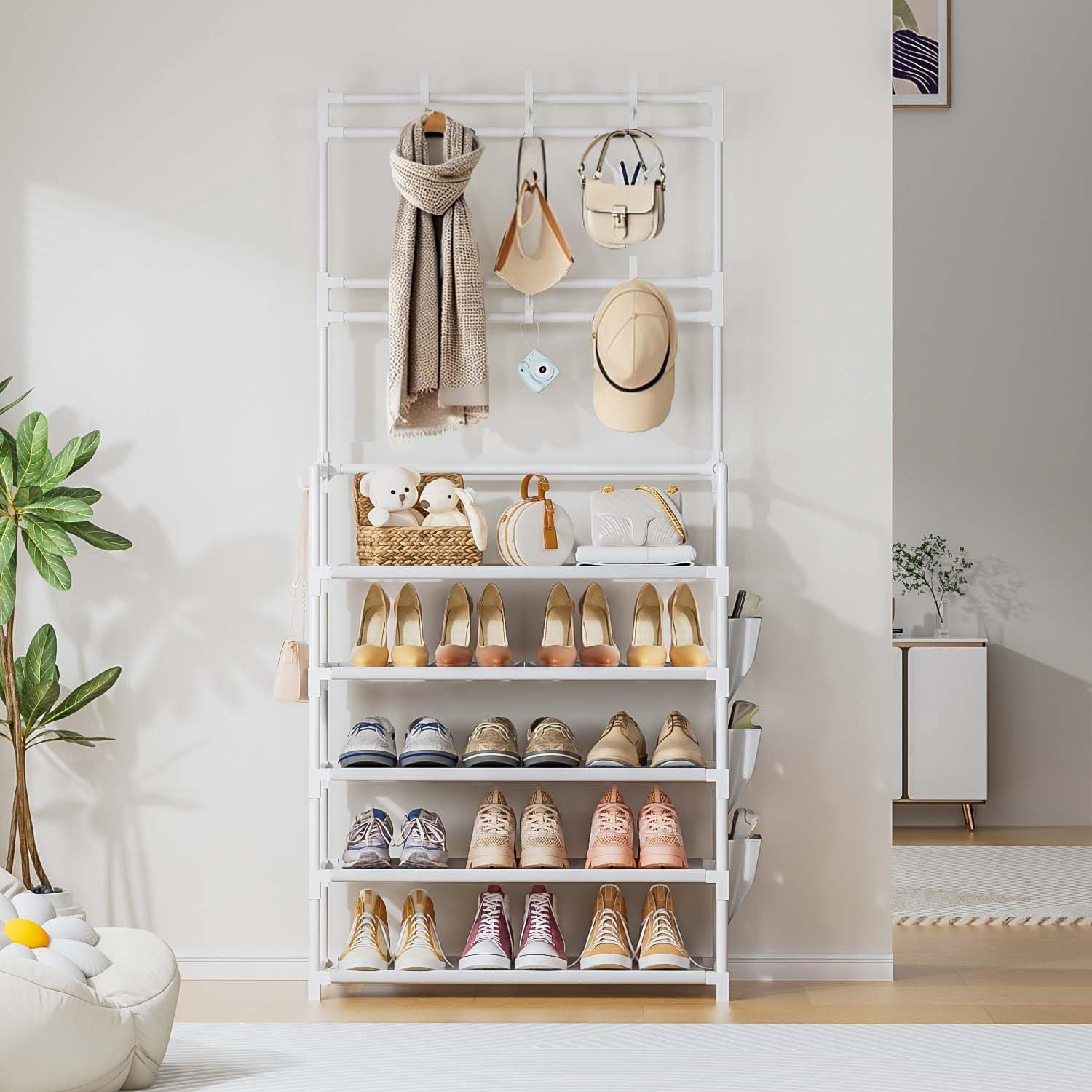 Shoe Rack 5 Tier Organizer Storage 15-20 Pairs Shoes For Closet Entrance With Hooks And Side Pocket Entryway Holder Space Saving Free Standing Racks