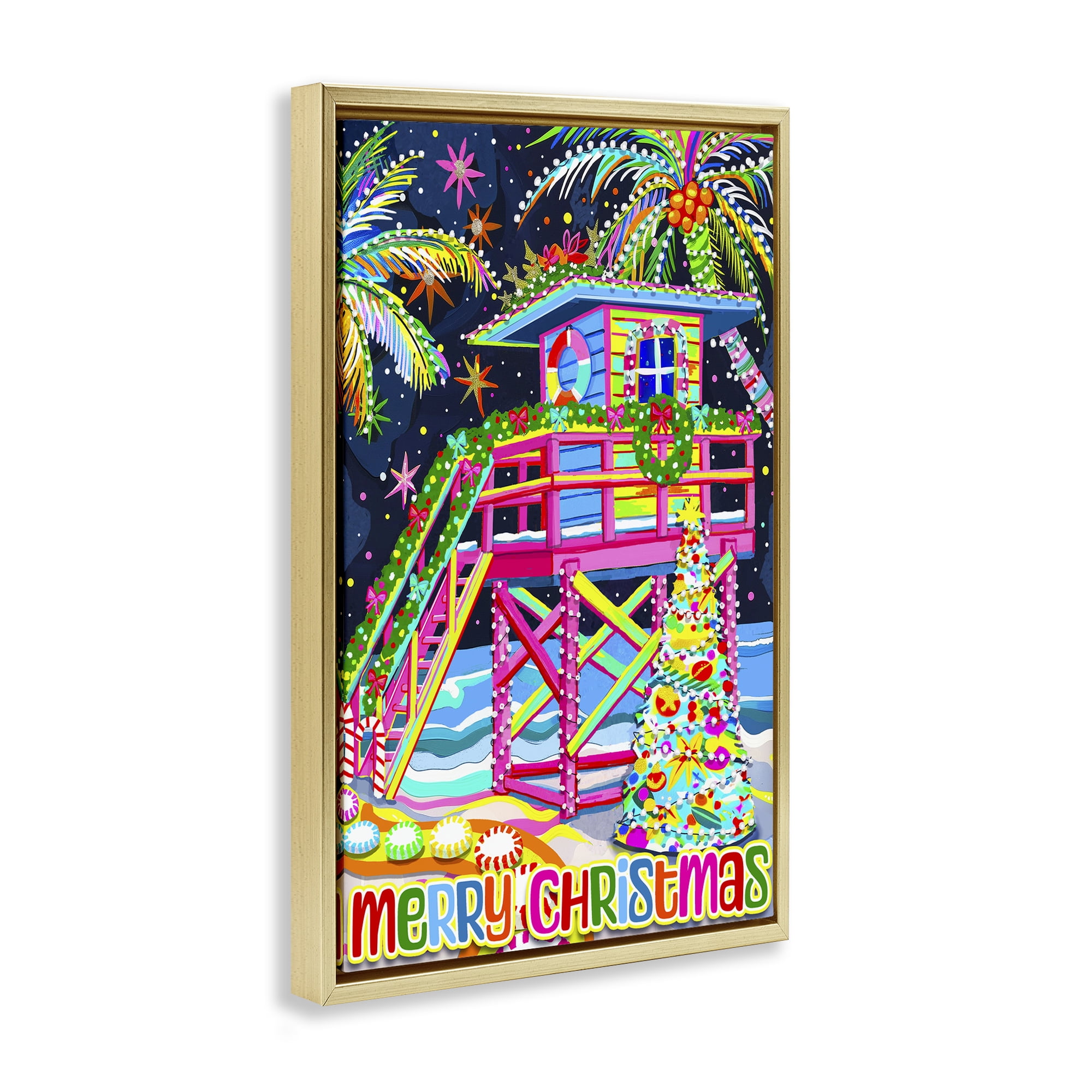 Stupell Industries Whimsical Seaside Christmas Holiday Painting Gold Floater Framed Canvas Art Prints Wall Art, 21 x 31