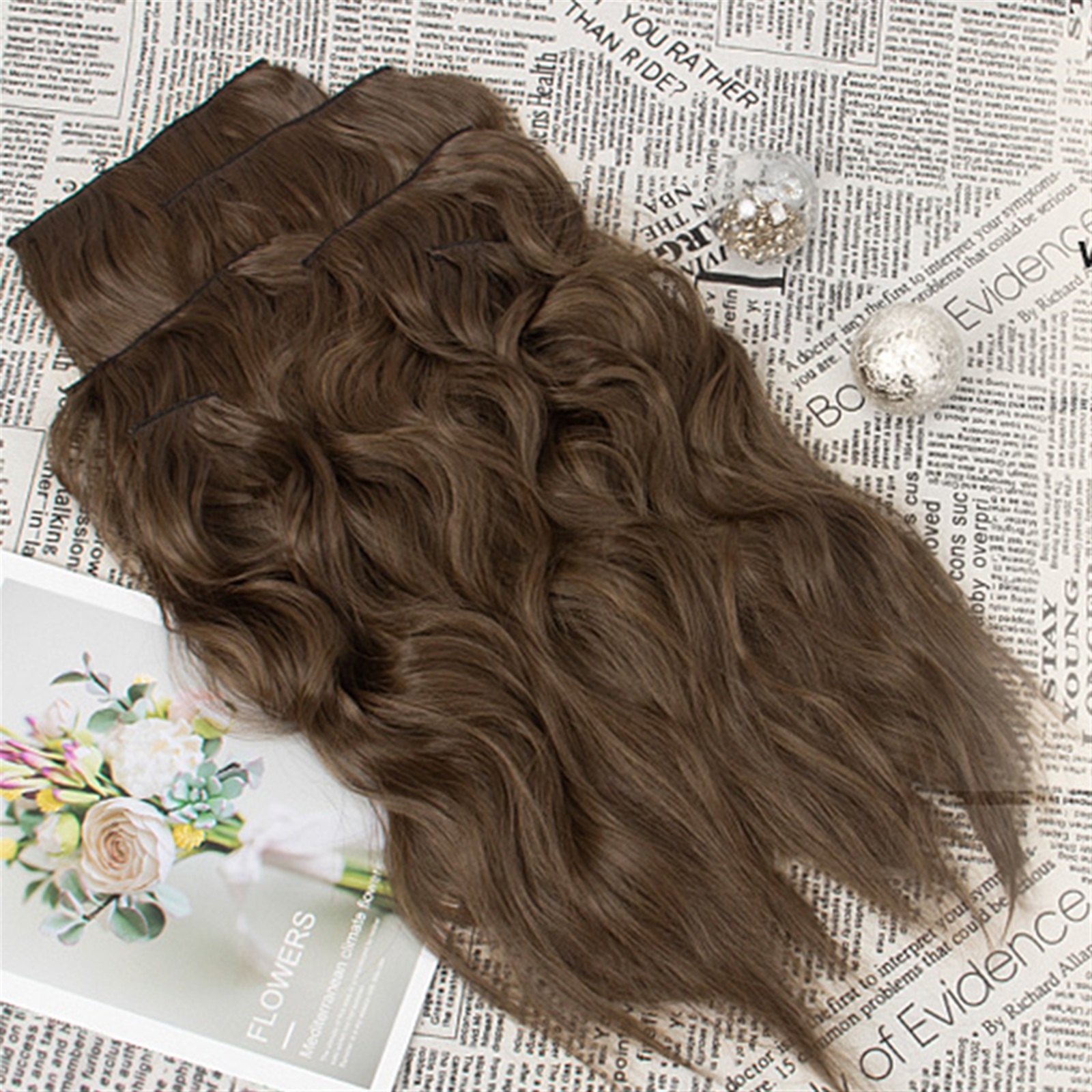 Clip in Synthetic Hair Extensions Long Wavy 6PCS Thick Hairpieces Natural Wavy Brown Hair Piece Double Weft Natural Hair Extensions 22Inch for Women