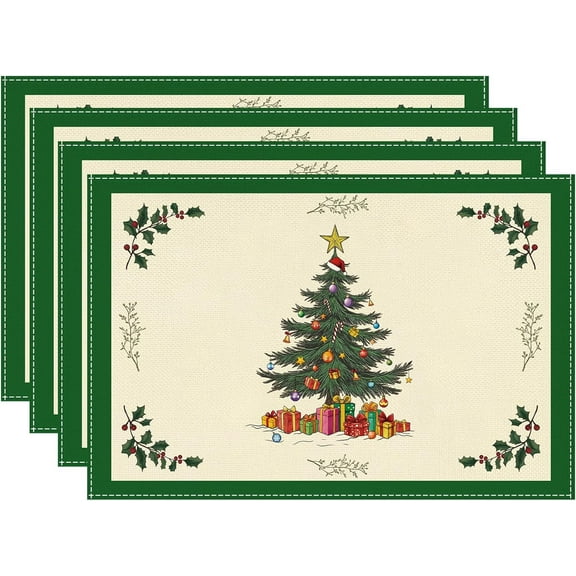 Christmas Placemats Set of 4，Green Xmas Tree Design 12x18 Inch Linen Table Placemats for Christmas Dinner Party Holiday Home Kitchen Dining Table Decorations
