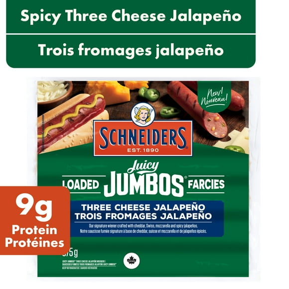 Schneiders Juicy Jumbos Loaded Three Cheese Jalapeño Hot Dogs, 375 g