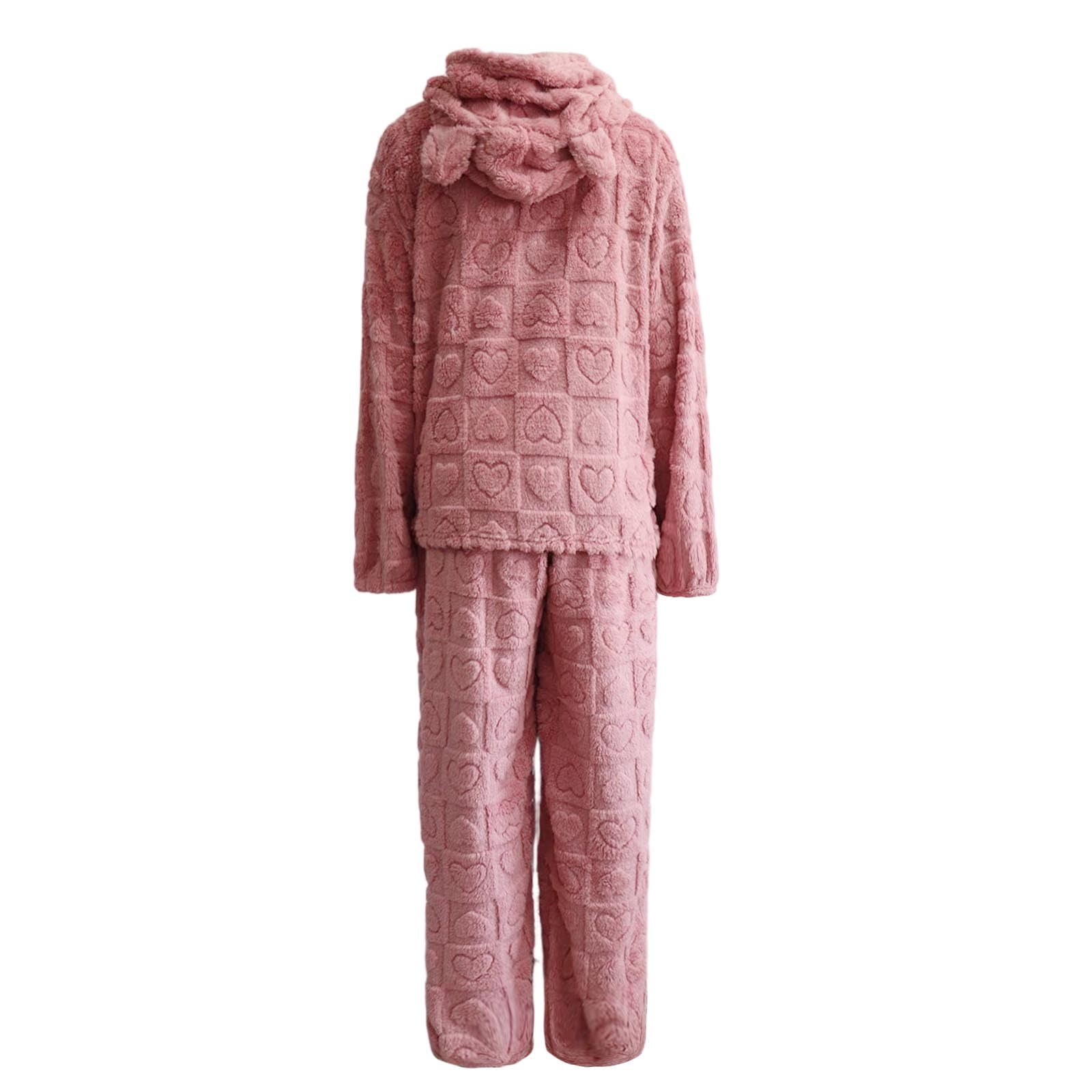 HCYSFG Women's Plush Fleece Embossed Heart Pajama Sets 2 Piece Loose Fit Hooded Long Sleeve Pullover Shirt Paired With Sleepwear Pants Pjs Set