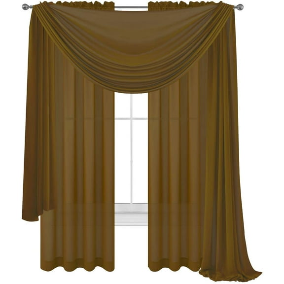 3 Piece Coffee Brown Sheer Voile Curtain Panel Set: 2 Coffee Panels and 1 Scarf