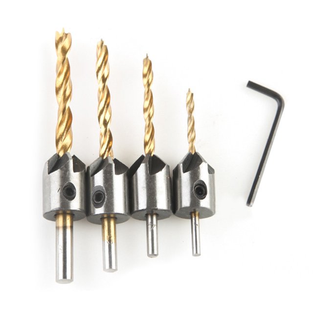 Brocas avellanadoras Tornillo avellanado Perforación Biselado Agujero Punzonado Vástago redondo Acero de alta velocidad Accesorios para carpintería 4 piezas kenally TO000837-01