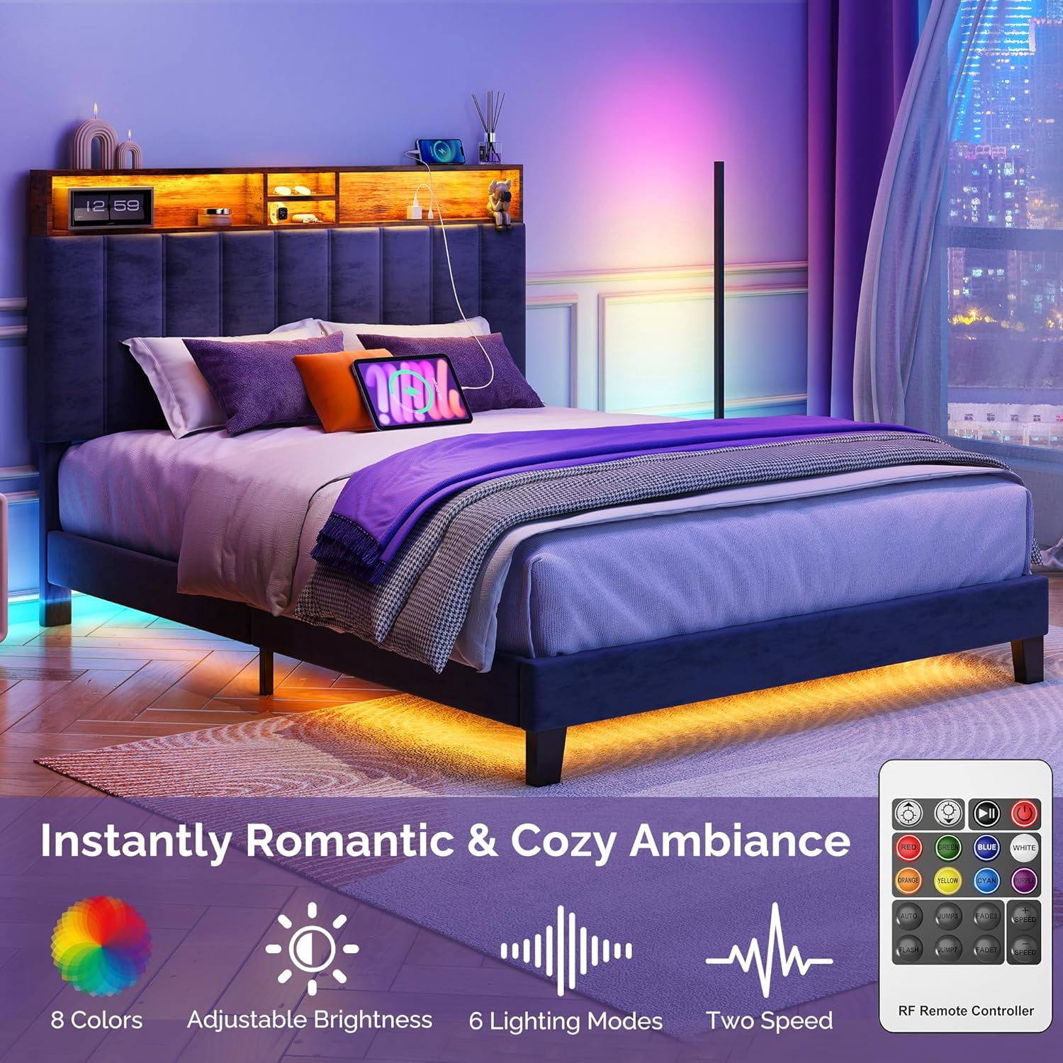 Sersper Full Size Platform Bed Frame with Storage Upholstered Headboard, Built-in Charging Station & RGB LED Lights, Noise-Free, Easy Assembly, Gray