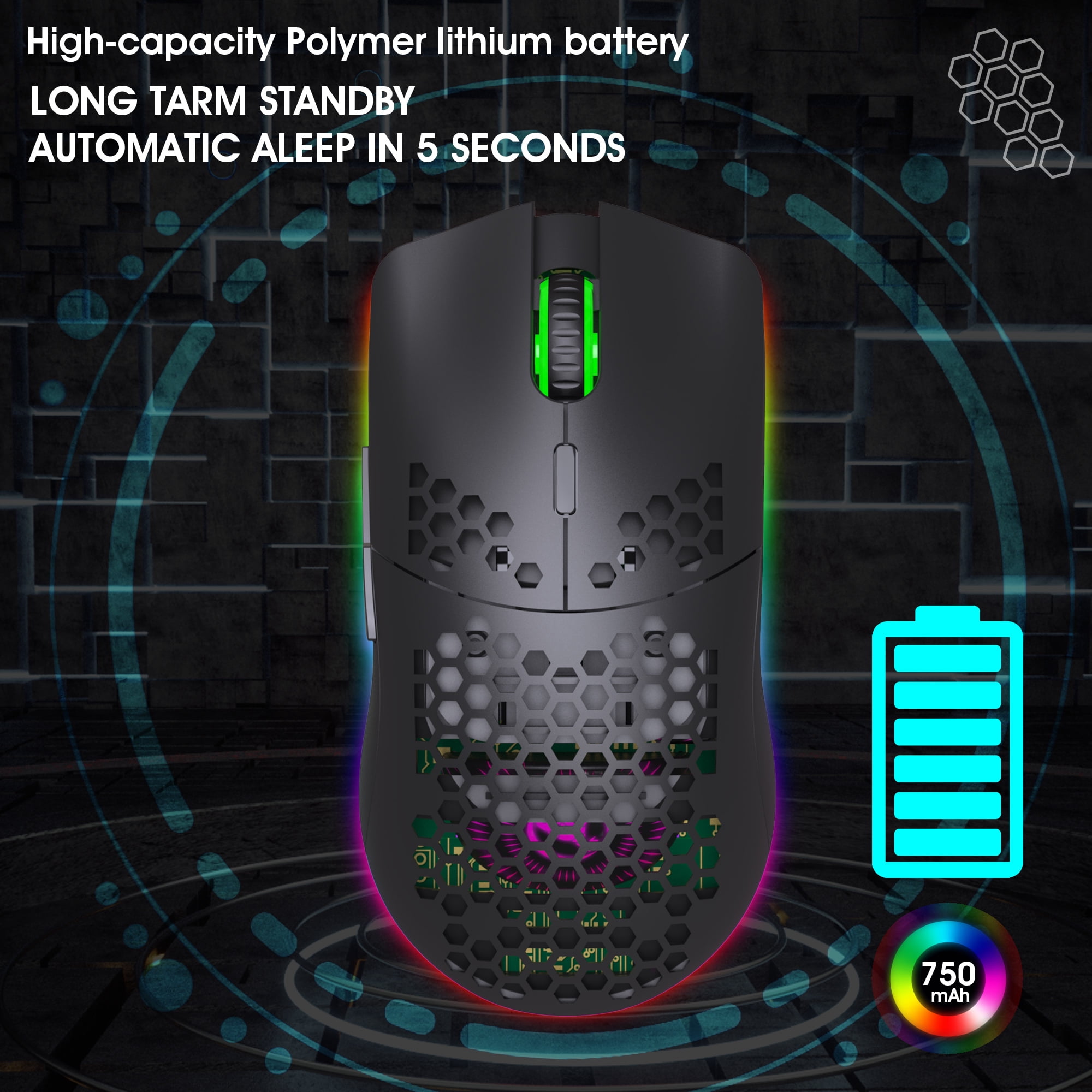 Honeycomb Shell 2.4G Wireless RGB Gaming Mouse, 4-speed DPI adjustabe,Rechargeable Wireless Mouse, Computer Mice for PC Gaming