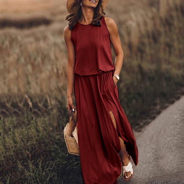 Robe Décontractée pour Femmes Robe d'Été pour Femmes Sans Manches Col Robes Maxi Couleur Unie Robe à Fente Vêtements pour Femmes G AG