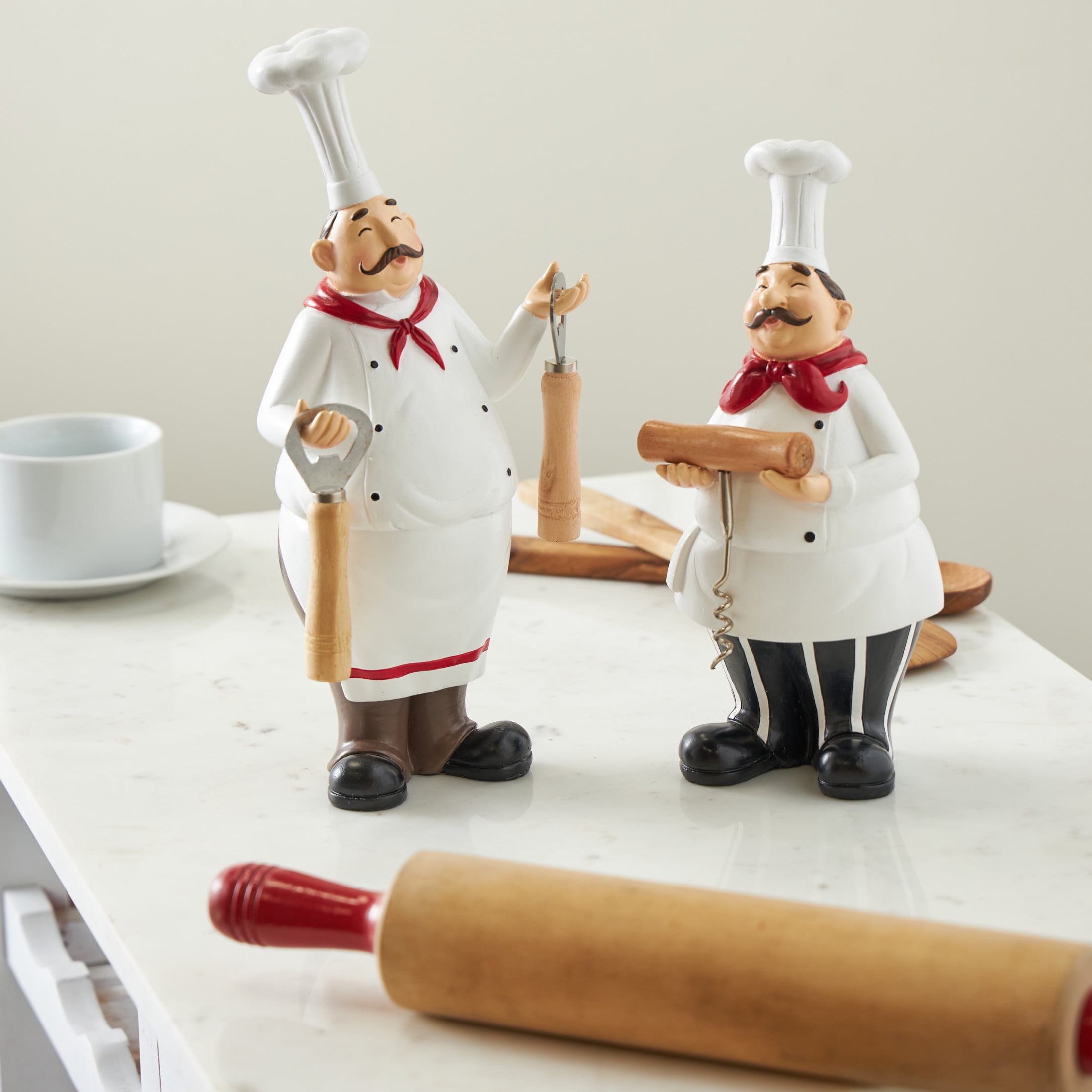 12", 10"H White Polystone Kitchen Bottle Opener Holder Chef Sculpture with Corkscrew, by DecMode (2 Count)