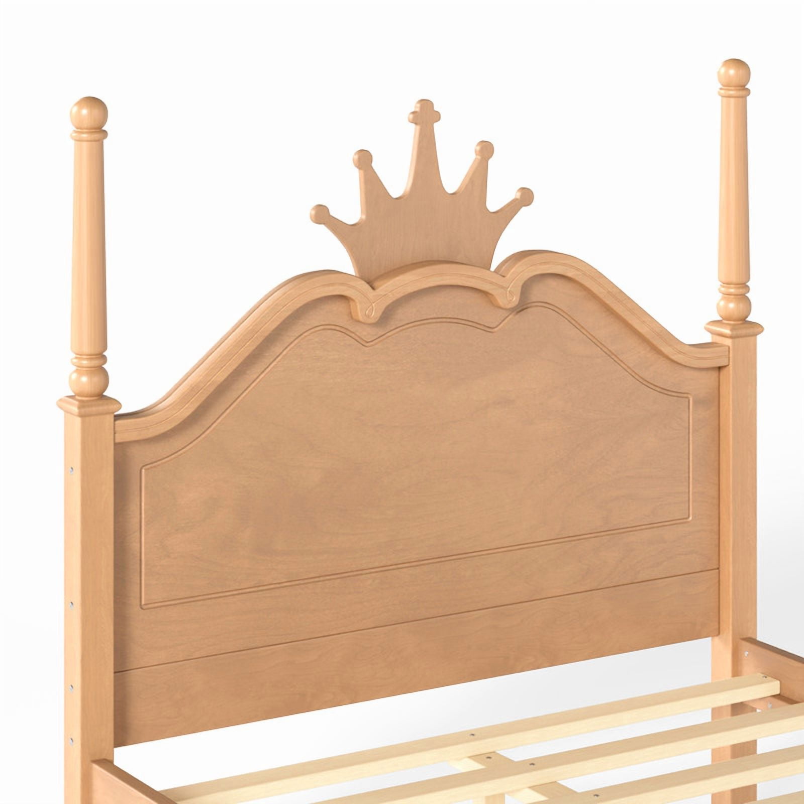 Full Size Kids Low Profile Platform Bed, Curved Footboard Four Poster Bed, Wooden Princess Bed Frame with Crown Shaped Headboard