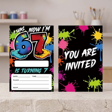 UttpKLBx 7th Birthday Invitations for Kids – Graffiti Themed "I Was 6 Now I'm 7" Invitation Cards for Boys & Girls Birthday Party