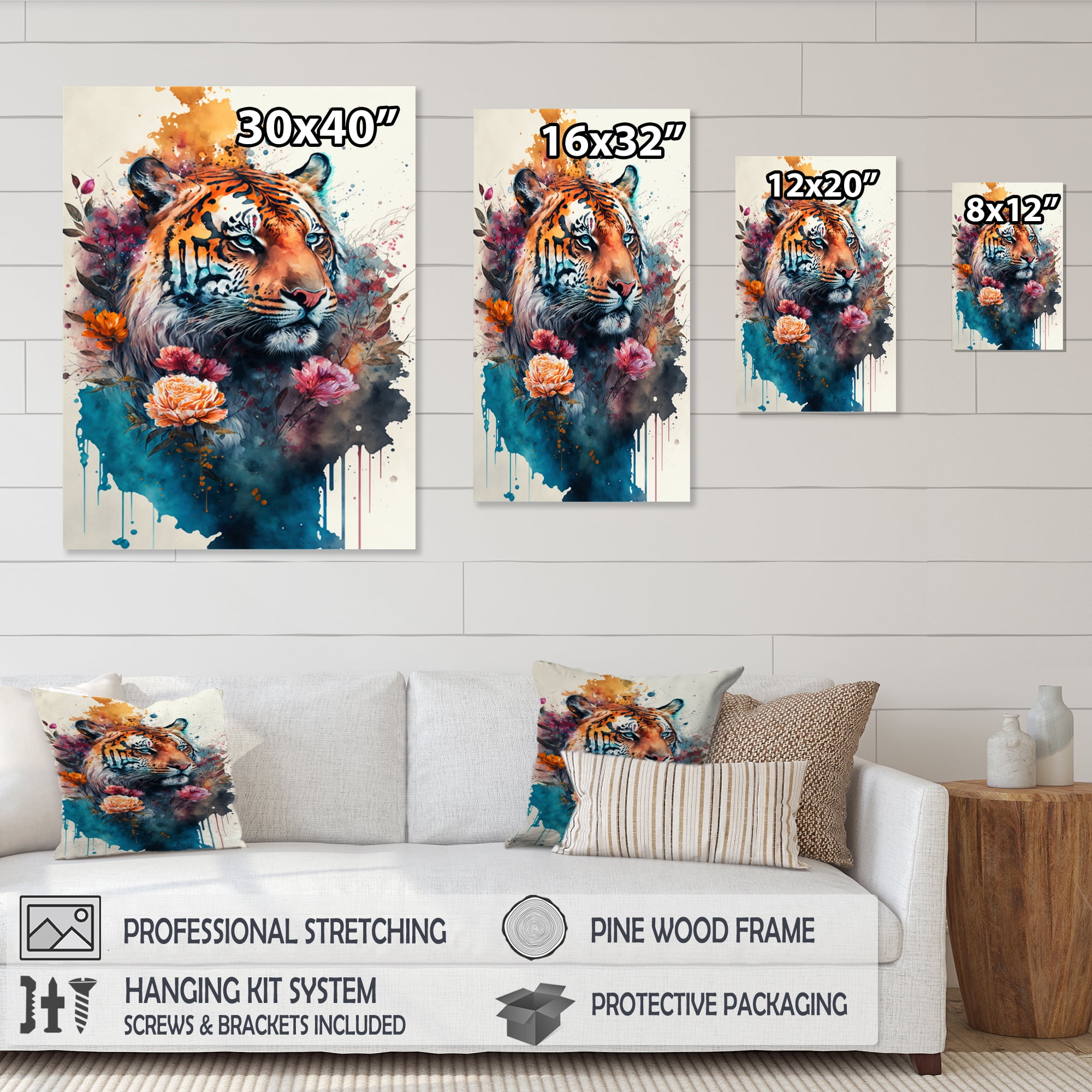 Designart Cute Tiger Floral Art IV Canvas Wall Art