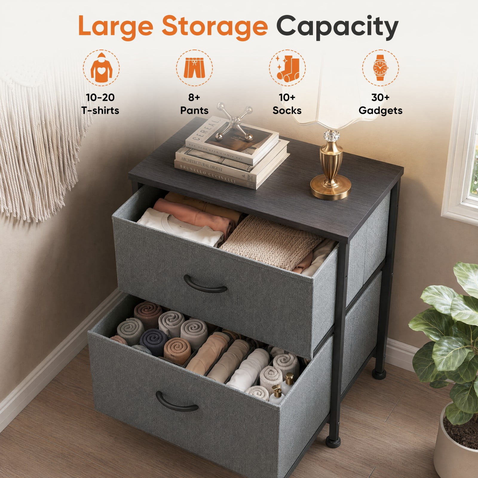 Telyra Fabric Nightstand with 2 Drawers 20" Bedside Table with Wood Top and Steel Frame Small Storage Organizer, Gray