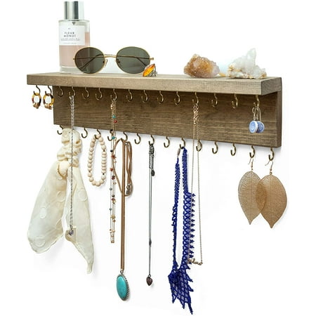 Ilyapa Wall Mounted Jewelry Organizer Shelf, Rustic Wood - Necklace Holder, Earring and Bracelet Hanger Rack
