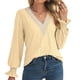 thumbnail image 4 of Tops de manga larga con cuello en V y costuras de encaje hueco para mujer Fridja  bvmnju4842, 4 of 7