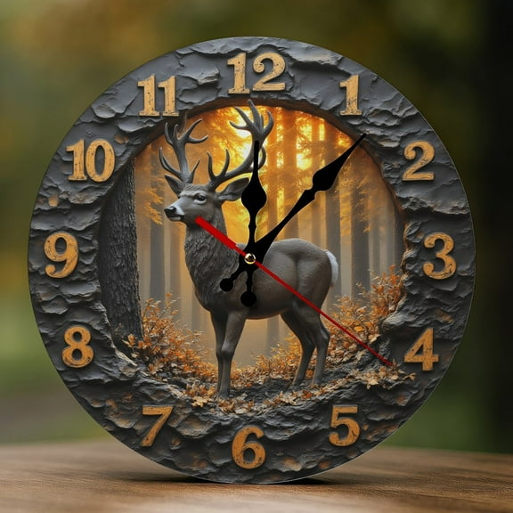 Wall Clock Decorative - Rustic Brown Deer-E Print 2D Vintage Wall Clocks Battery Operated Silent Non-Ticking for Bedroom, Living Room, Kitchen, Office, Classroom, 10 Inch