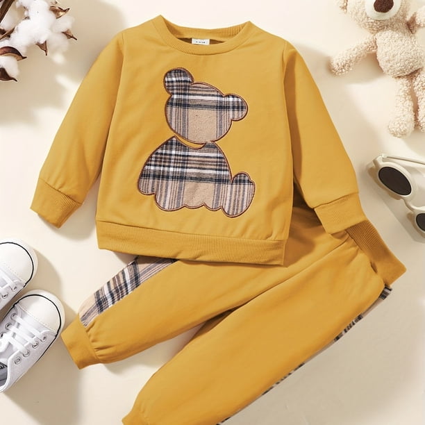 Get Your Little Ones Cozy and Cute with Our 2-Piece Toddler Baby Bear Embroidery Sweatshirt and Splicing Pant Set - Perfect for Casual Wear!