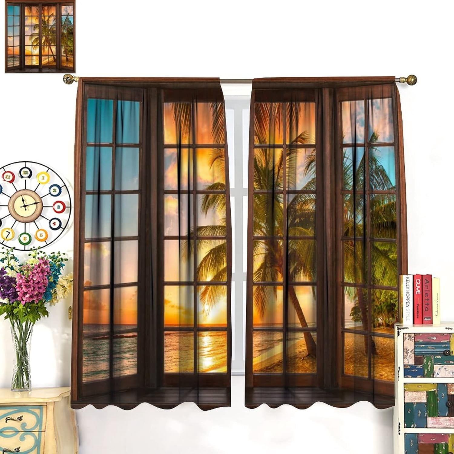 Landscape Curtains,Beach Sea Coconut Trees Natural Landscape Rustic Window Curtains Bedroom Living Room Kitchen Cafe 84x84in