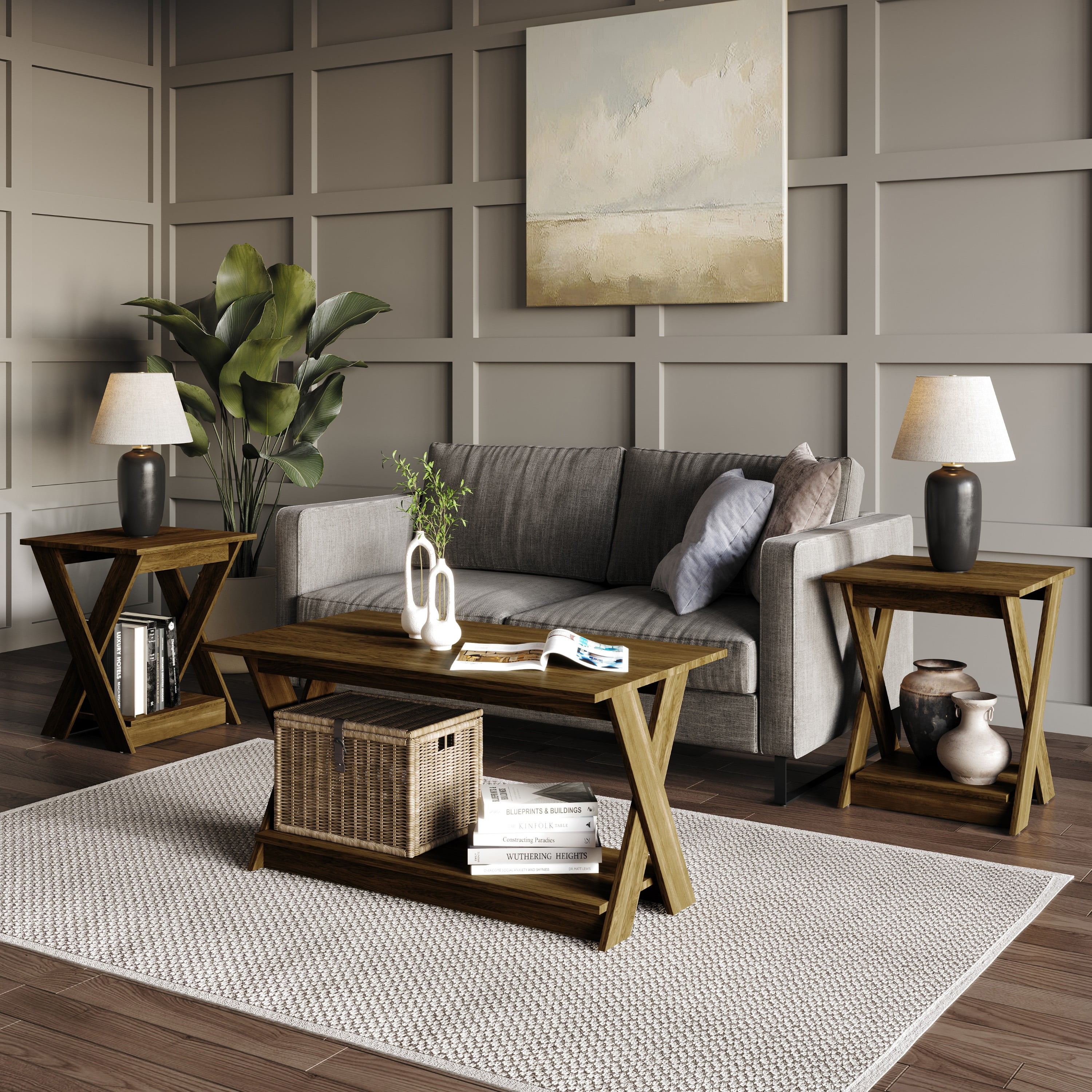 Home Design Emporia 3-Piece Coffee Set with Crossed-Leg Design and Lower Shelf, Wide Plank, Brown, Modern Living Room