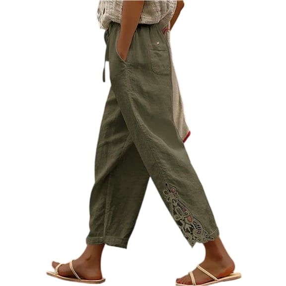 Womens Linen Pants Casual Petite Drawstring Elastic Waist Summer Wide Leg Pants Beach Pull On Lounge Trousers with Pockets Green 2XL