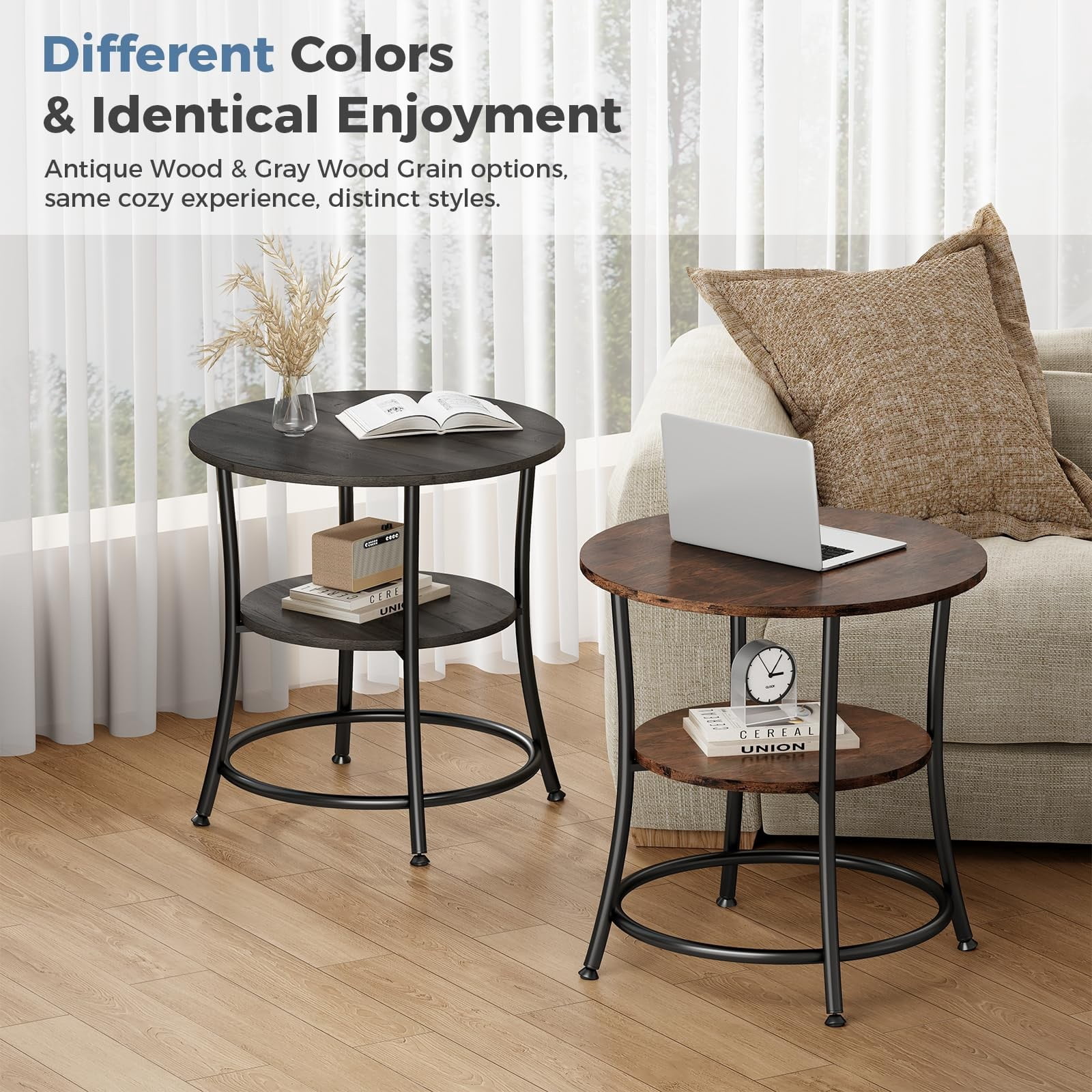 Telyra 2-Tier Round Side Table 21.8" End Table with Antiqued Wood Grain Top and Steel Base, Gray