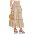 thumbnail image 4 of larppty Skirts for Women Trendy Flowy Ruffle Smocked Waist A-line Boho Swing Long Skirt with Pockets Beach Vacation（Khaki， L）, 4 of 9