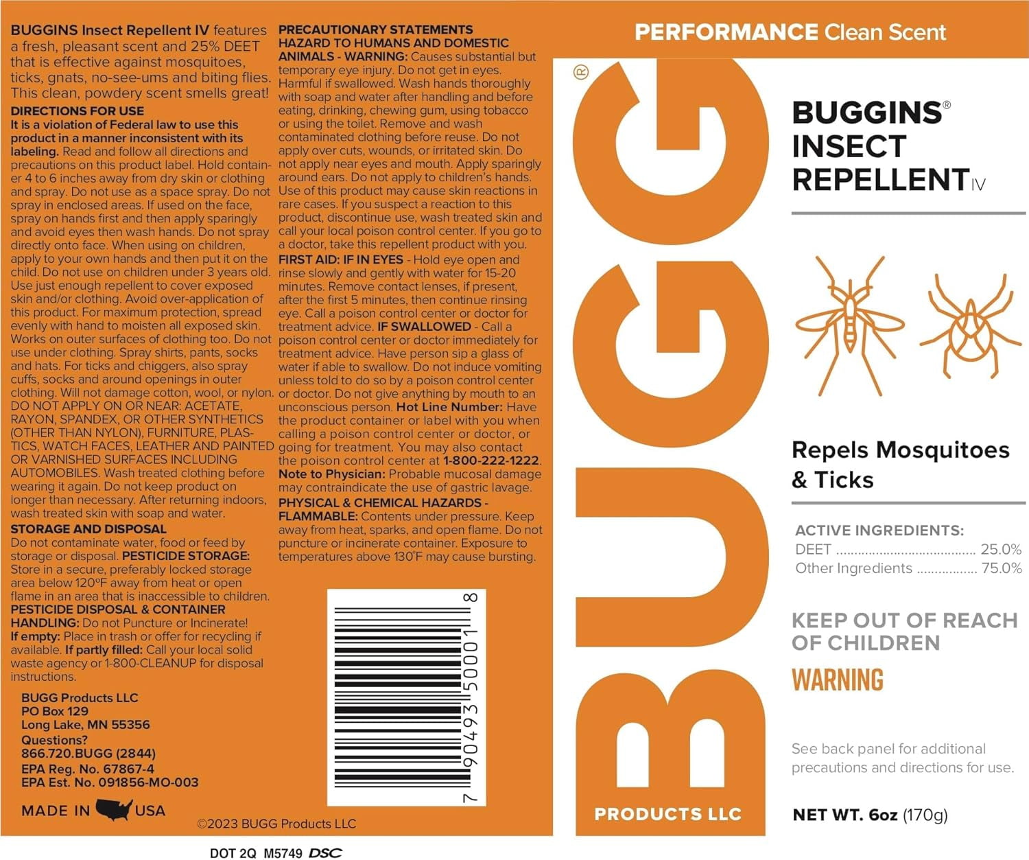 Bugg Products LLC Buggins IV Performance Insect Repellent Spray - 25% DEET, Powdery Scent - 6 oz