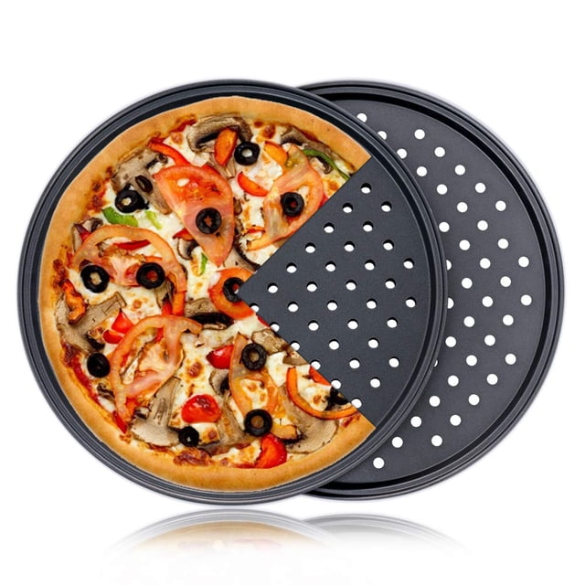 Paquete de 2 sartenes para pizza de acero al carbono, perforadas, antiadherentes, 31 cm