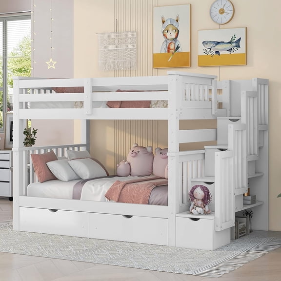 Full Over Full Bunk Bed With Shelves And 6 Storage Drawers, Solid Wooden Bunk Bed Frame With Storag Staircase, Safety Guardrail For Kids Teens Adults, No Box Spring Needed (White)