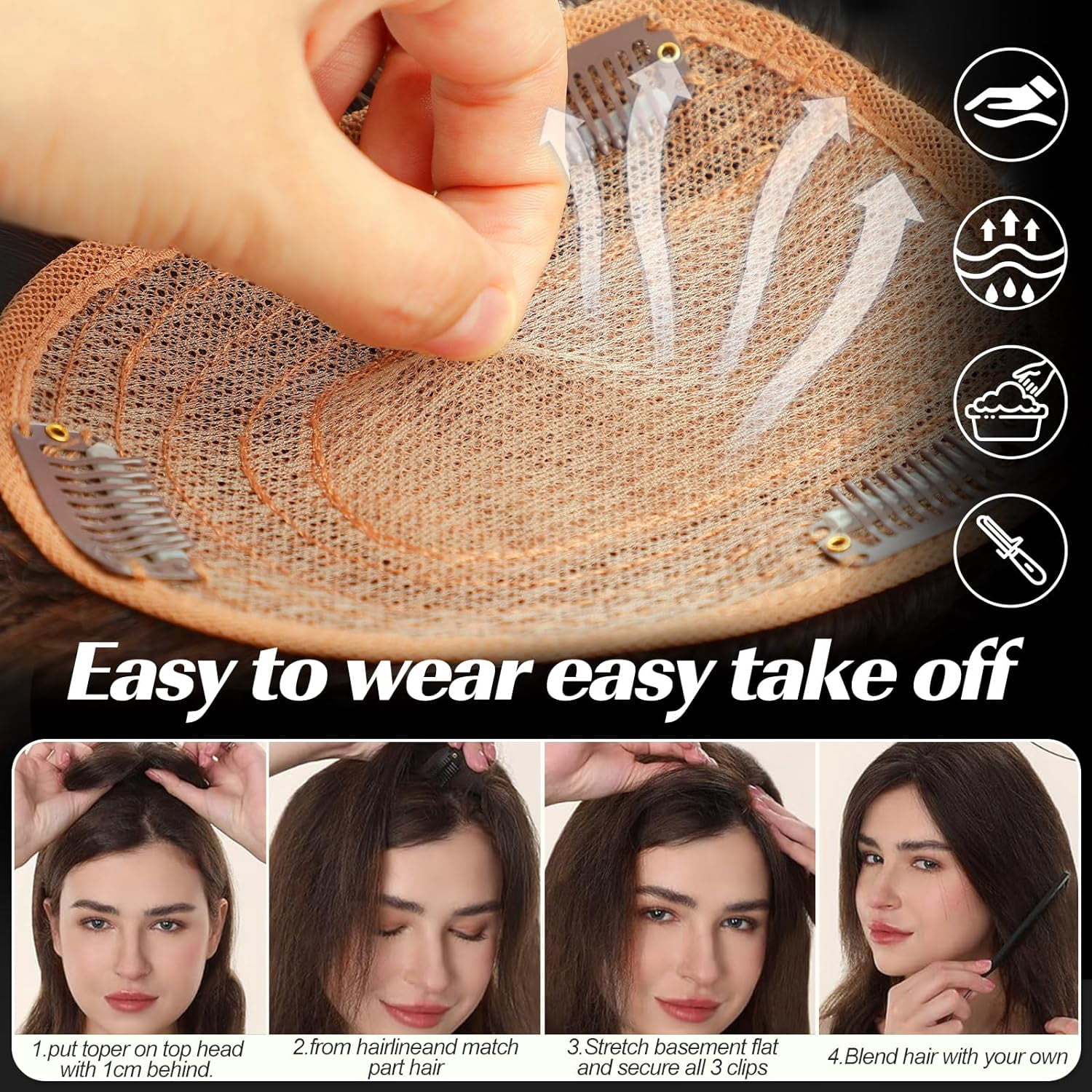 Hair Toppers for Women, Real Human Hair 130% Density, Hair Loss Cover No Bangs, Hair Extensions for Thinning Hair, Silk Base Three Clips in Topper, Ombre Light Blonde(10inch)