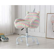 DM Furniture Cute Unicorn Kids Desk Chair with Arms, Swivel Rolling Ergonomic Computer Chair for Girls' Reading and Study, Rainbow Faux Fur Vanity Desk Chair