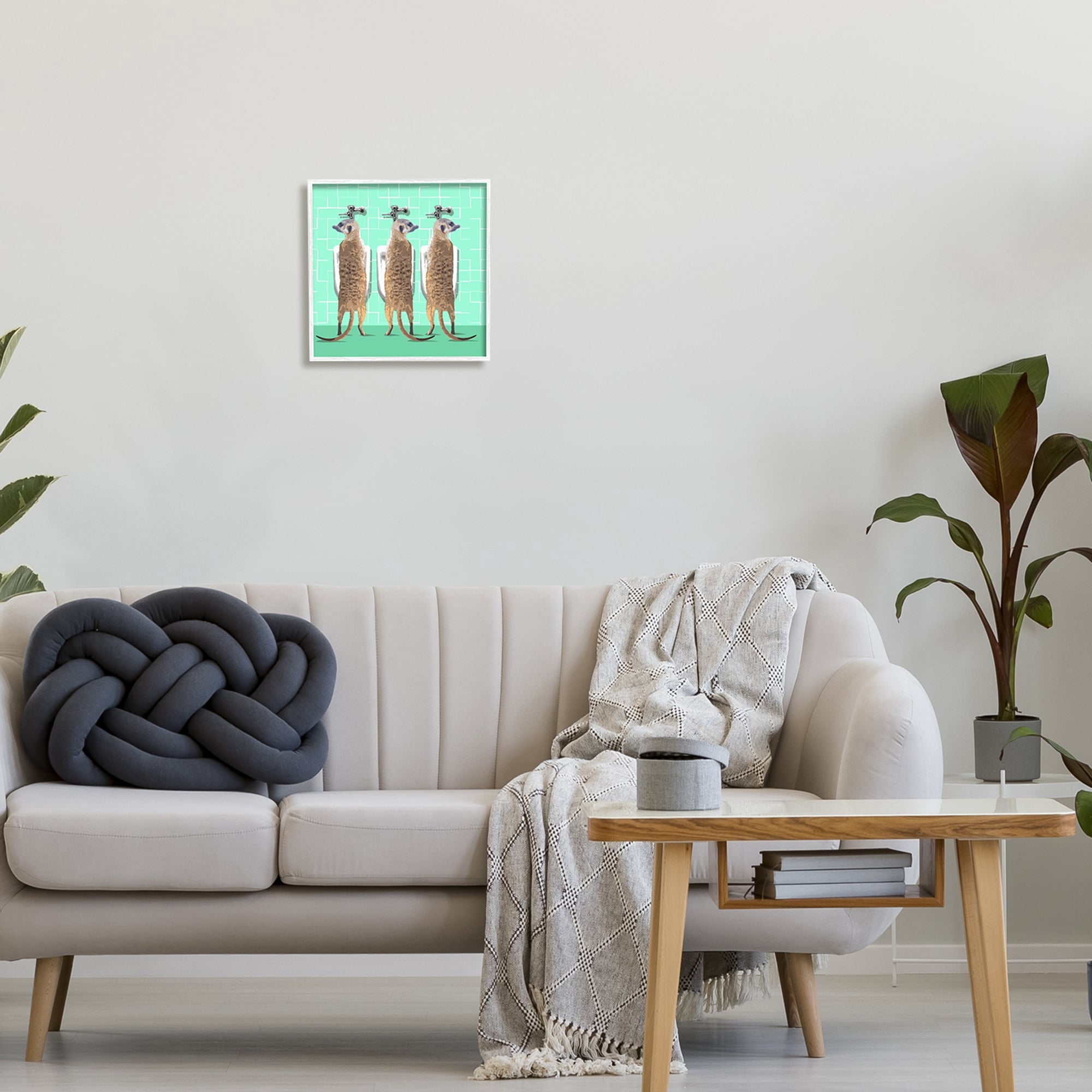 Stupell Industries Funny Meerkats Using Urinal Toilet Green Shapes Pattern Graphic Art White Framed Art Print Wall Art, Design by Noah Bay