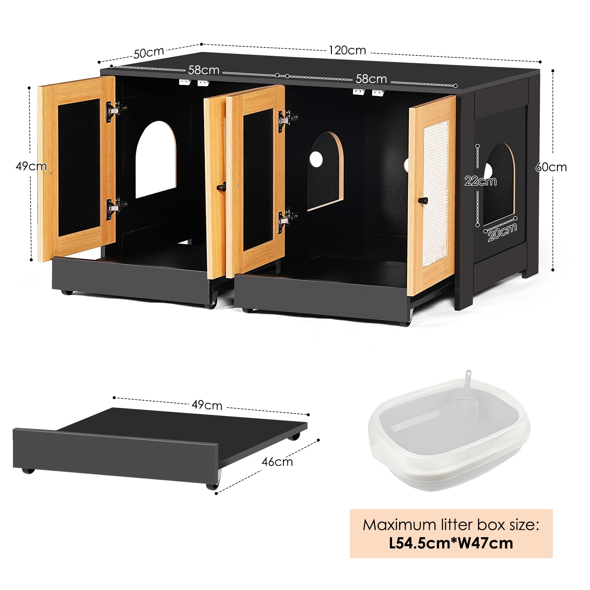 Double Litter Box Enclosure for 2 Cats, Hidden Cat Litter Box Furniture Cabinet with Rattan Sisal Doors, Enclosed Cat Washroom End Table with Pull-Out Tray, Black
