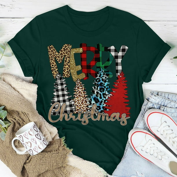 Puntoco Mujer Casual Cuello Redondo Manga Corta Árbol De Navidad Impreso Camiseta Top Puntoco Puntoco-4273
