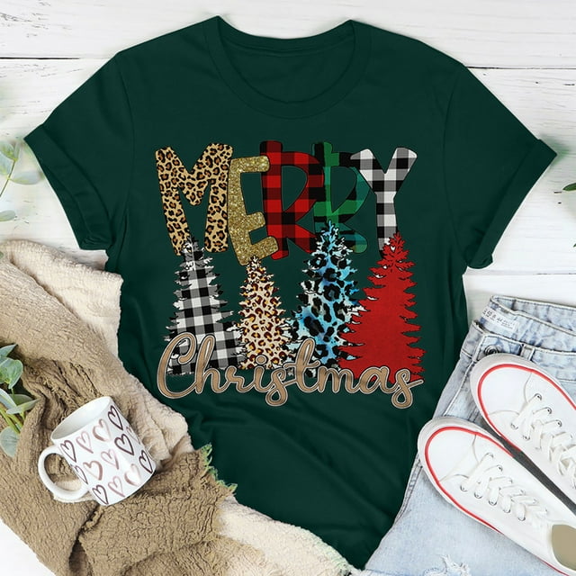 Qertyioot T-Shirt Mode Femme Imprimé de Noël, Manches Courtes Vintage Légèrement Extensible