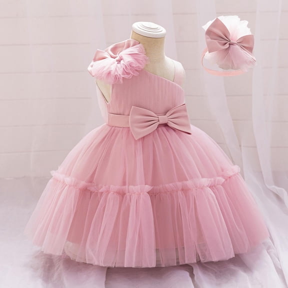 Cute Prom Tutu-Dresses for Girls with Hairbands 6M-3Y Toddlers Kids Trendy High Waisted A-Line Solid Birthday Party Flower Girl Dress