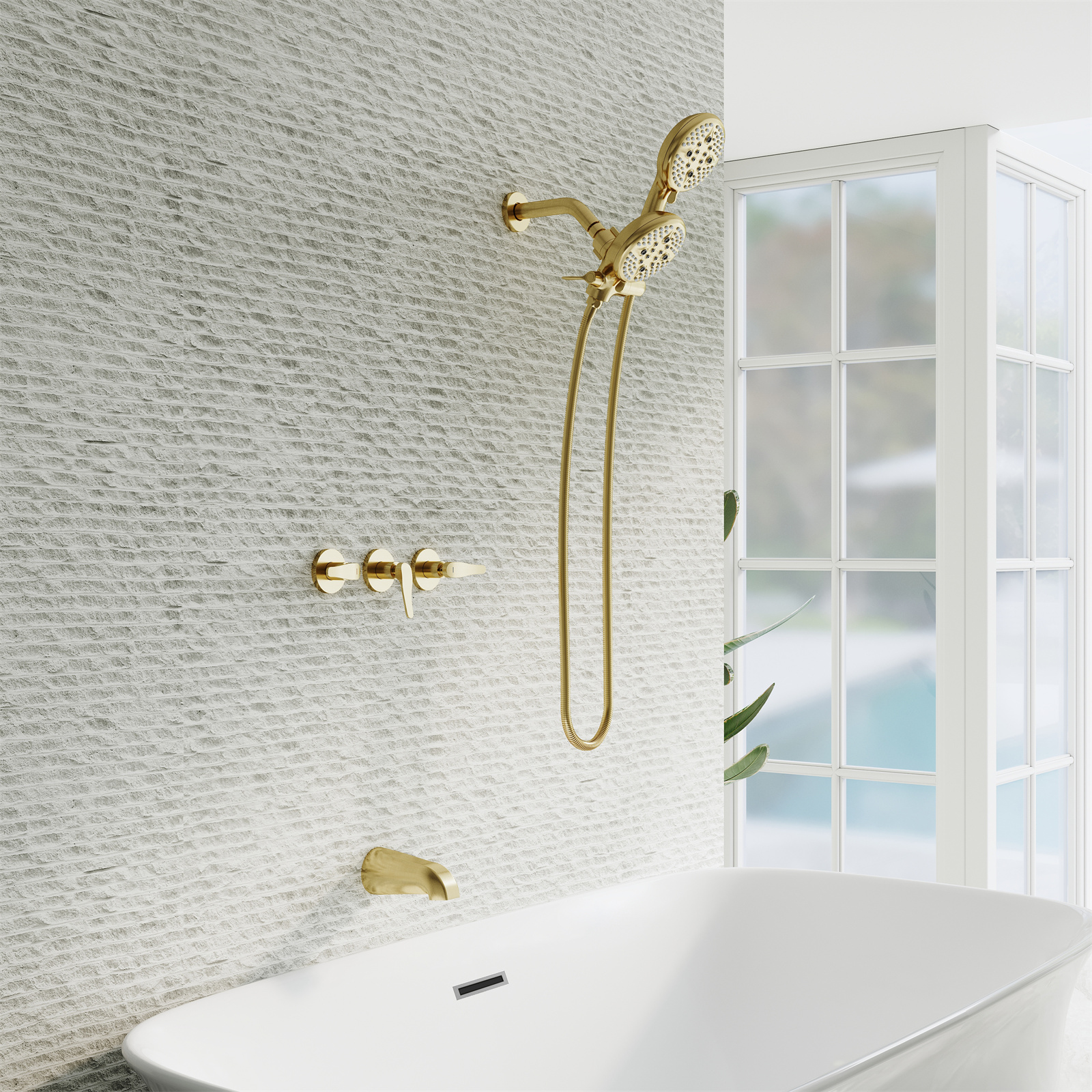 ANGELES HOME Bathtub Shower Faucet Set with Tub Spout, 2-in-1 Dual Shower Head System with Handheld Spray Combo, 5-Mode, Valve Trim Kit, Brushed Gold