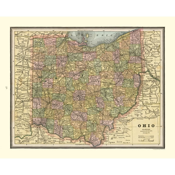 Historic State Map - Ohio - Cram 1888 - 28.39 x 23 - Vintage Wall Art