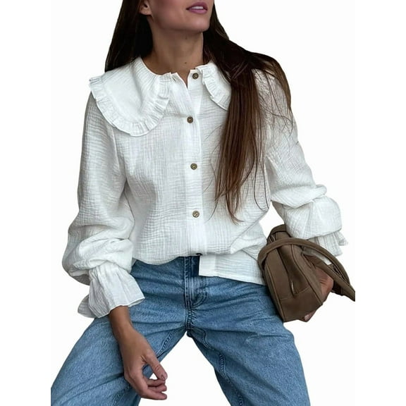 Women Solid Color Casual Cotton Fashion Frilled Button Down Puff Long Sleeve Lapel Shirts White L