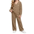 thumbnail image 2 of BXJX Girls Knit Outfit Sets, Button Down Long Sleeve V Neck 2 PC Cardigans & Wide Leg Pants Sets Brown Size 9-10 T, 2 of 9