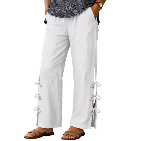 Womens Summer Pants Casual High Waist Lightweight Side Slit Bow Pants with Pockets 2026 Summer Beach Vacation Trousers, XL