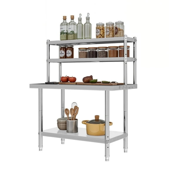 ModFusion NSF-Certified Stainless Steel Table with Adjustable Overshelves, Hooks, 30" x 24", Food Kitchen Prep Storage Shelves, 2.5x2 ft Metal Iron Commercial Workstation