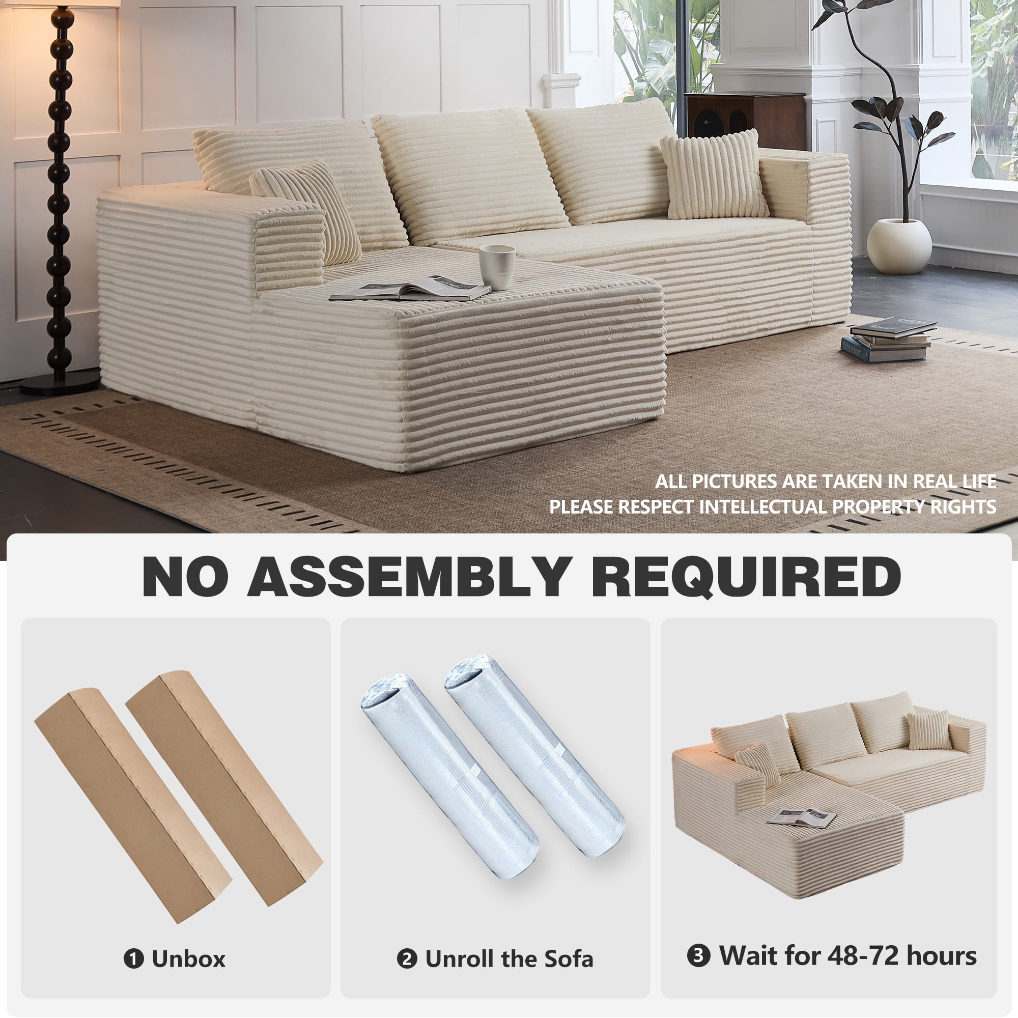 LIAROO 108" Modular Sectional Sofa, Cloud L-Shape Couch with Deep Seats and Chaise, Modern Upholstered Compression Sofa for Living Room or Bedroom, Right Facing Chaise, Beige (Includes 2 Packages)