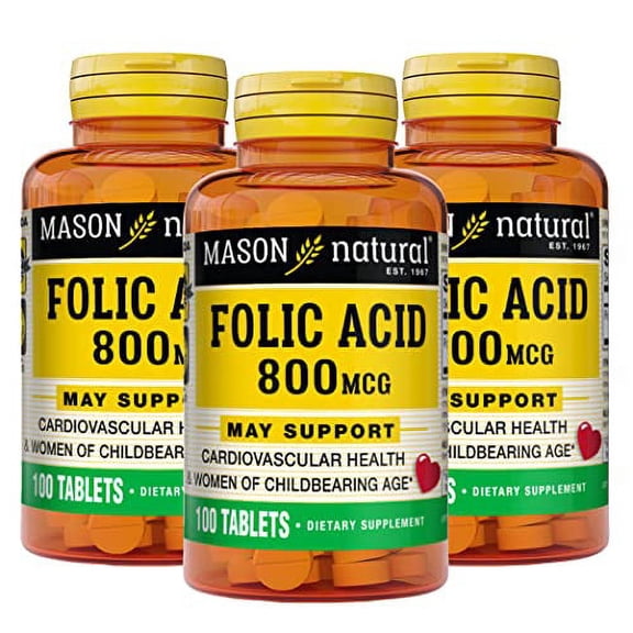 MASON NATURAL Folic Acid 800 mcg - Helps Nervous System Function, Daily Supplement for Health, Mood and Prenatal Care, for Women of Childbearing Age, 100 Tablets (Pack of 3)