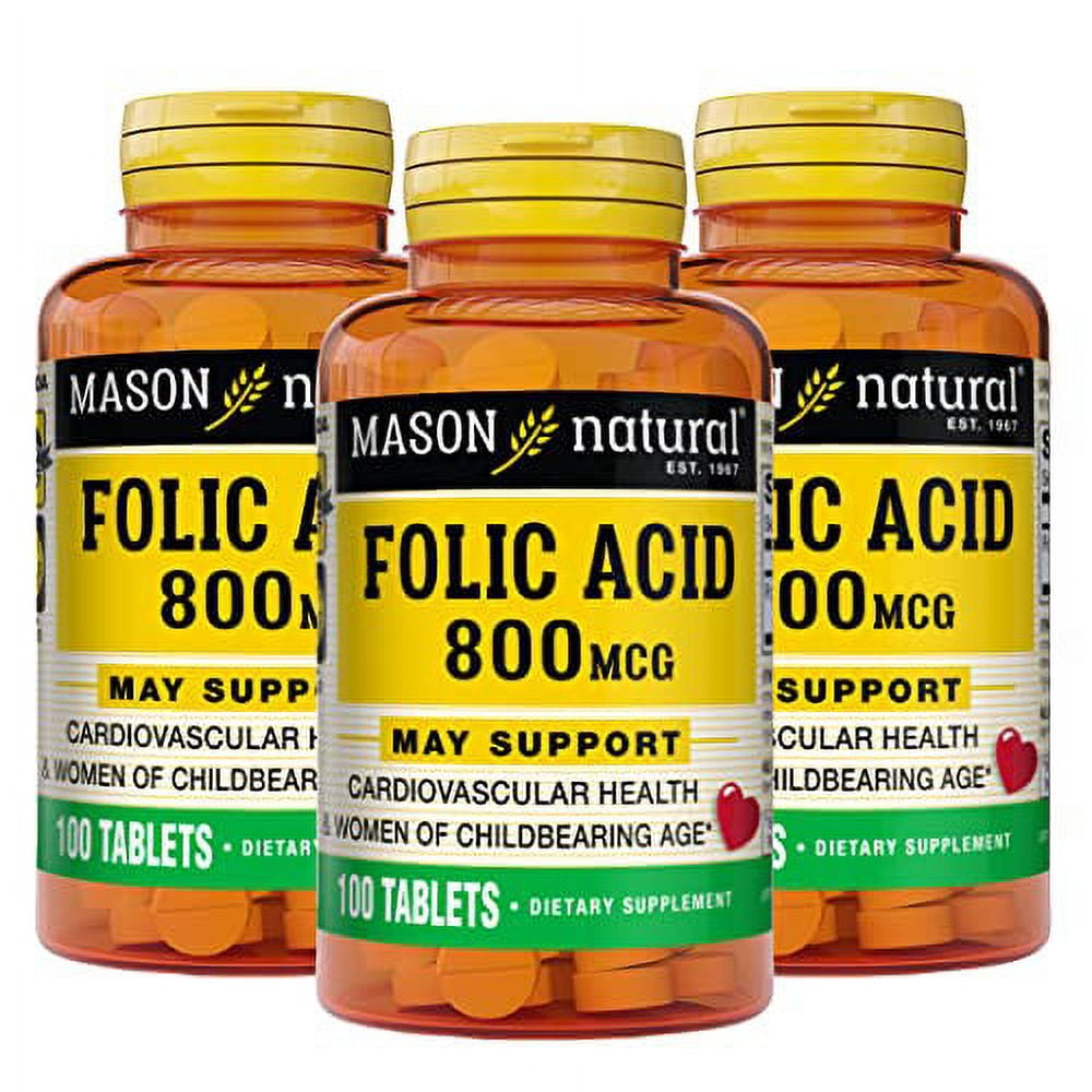MASON NATURAL Folic Acid 800 mcg - Helps Nervous System Function, Daily Supplement for Health, Mood and Prenatal Care, for Women of Childbearing Age, 100 Tablets (Pack of 3)