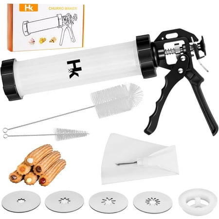 HK Cookie Presses, Churro Maker Kit, Churro Maker Gun with Piping Bag and 2 Cleaning Brushes, 5 Nozzles for Various Shapes